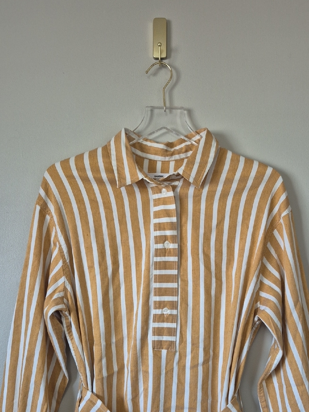 Samsoe Samsoe Amara Belted Shirt Dress Size L, Honey Stripe Linen Blend Vacation - Picture 5 of 15